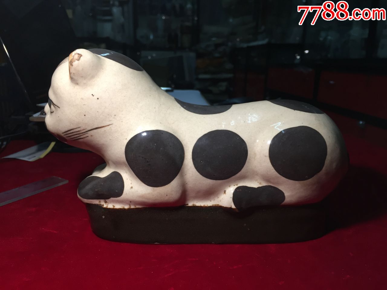 清末民初磁州窑白底黑釉花猫瓷枕品相完好