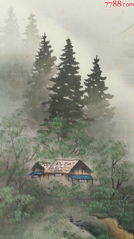 日本回流字画近代字画绢本青绿山水深山归隐图书房挂轴条幅872