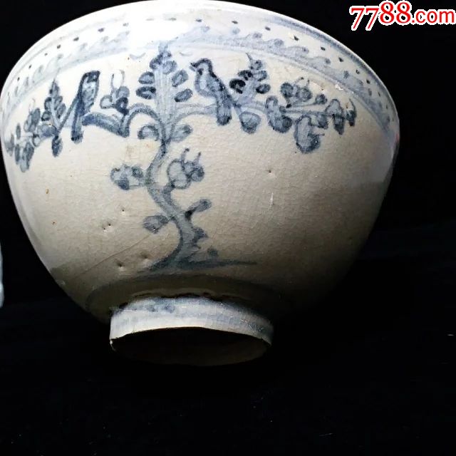 明代花鸟纹青花瓷碗古瓷碗花纹碗鸟纹碗花鸟碗老瓷碗青花碗