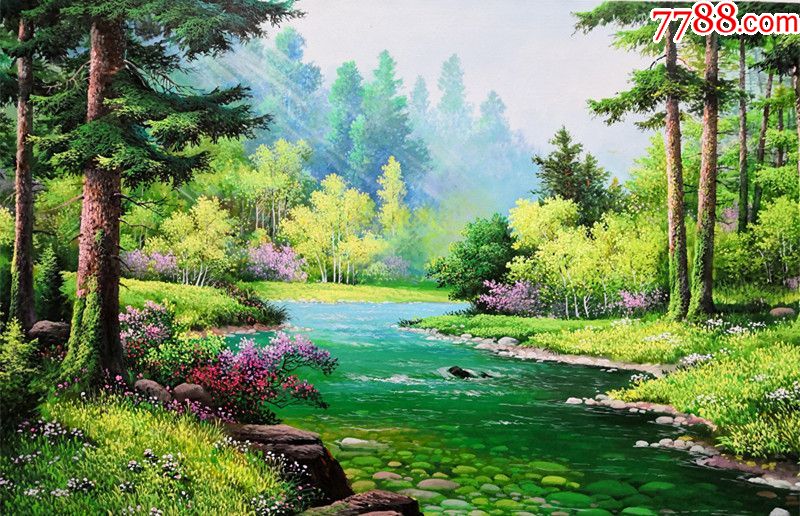 朝鲜一级画家郑民风景油画美丽的春天