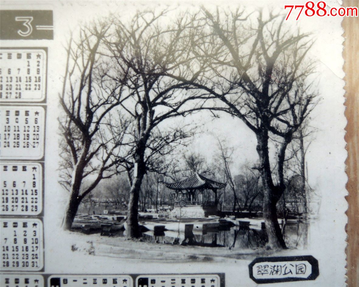 老照片收藏1901f8-1963年老昆明翠湖公园日历风景照-背赠款
