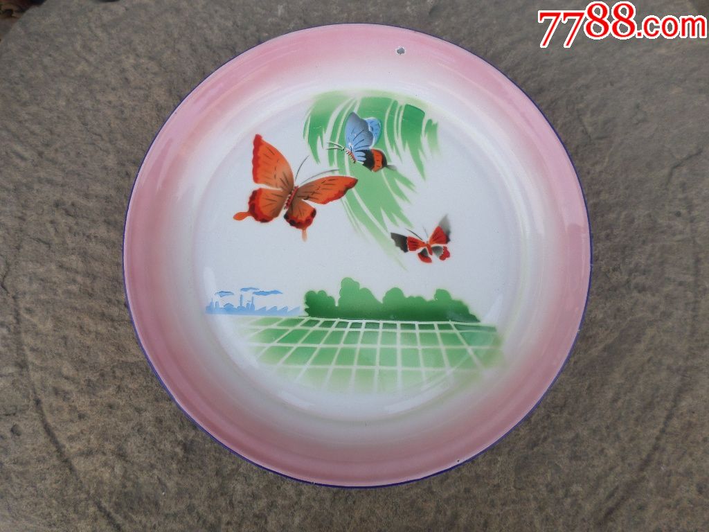 杂项金属老物件收藏老铁器搪瓷品71年78年一对花卉蝴蝶搪瓷盘_价格280
