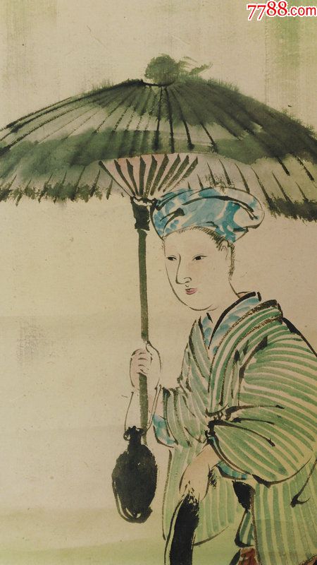 海外回流字画清代民国纸本纸裱无款雨中沽酒女持伞美女图条幅906