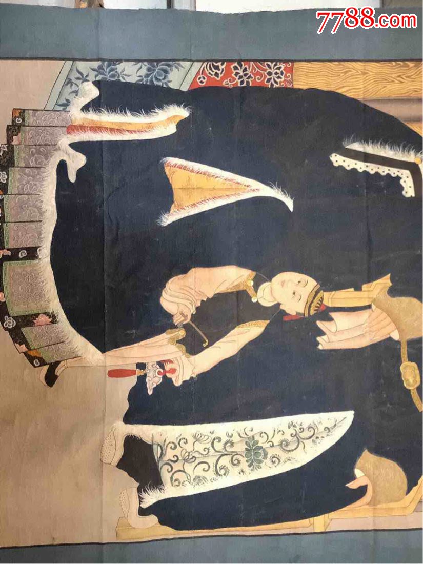 清代精品纯手绘老粗布五彩描金画幸福一家人全品满工包老无修复.