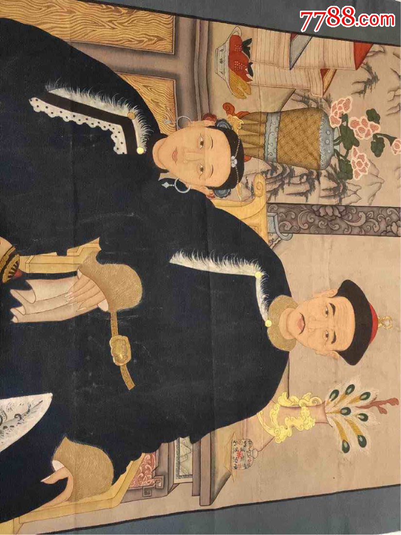 清代精品纯手绘老粗布五彩描金画幸福一家人全品满工包老无修复.