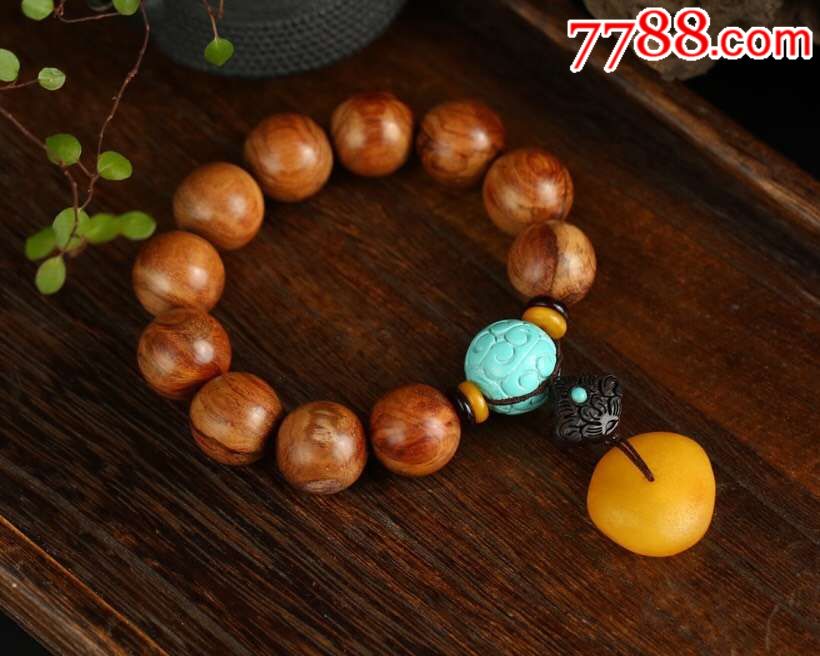【海黄蜜蜡绿松石款】天然海南黄花梨18mm佛珠手链手串,精品老料油