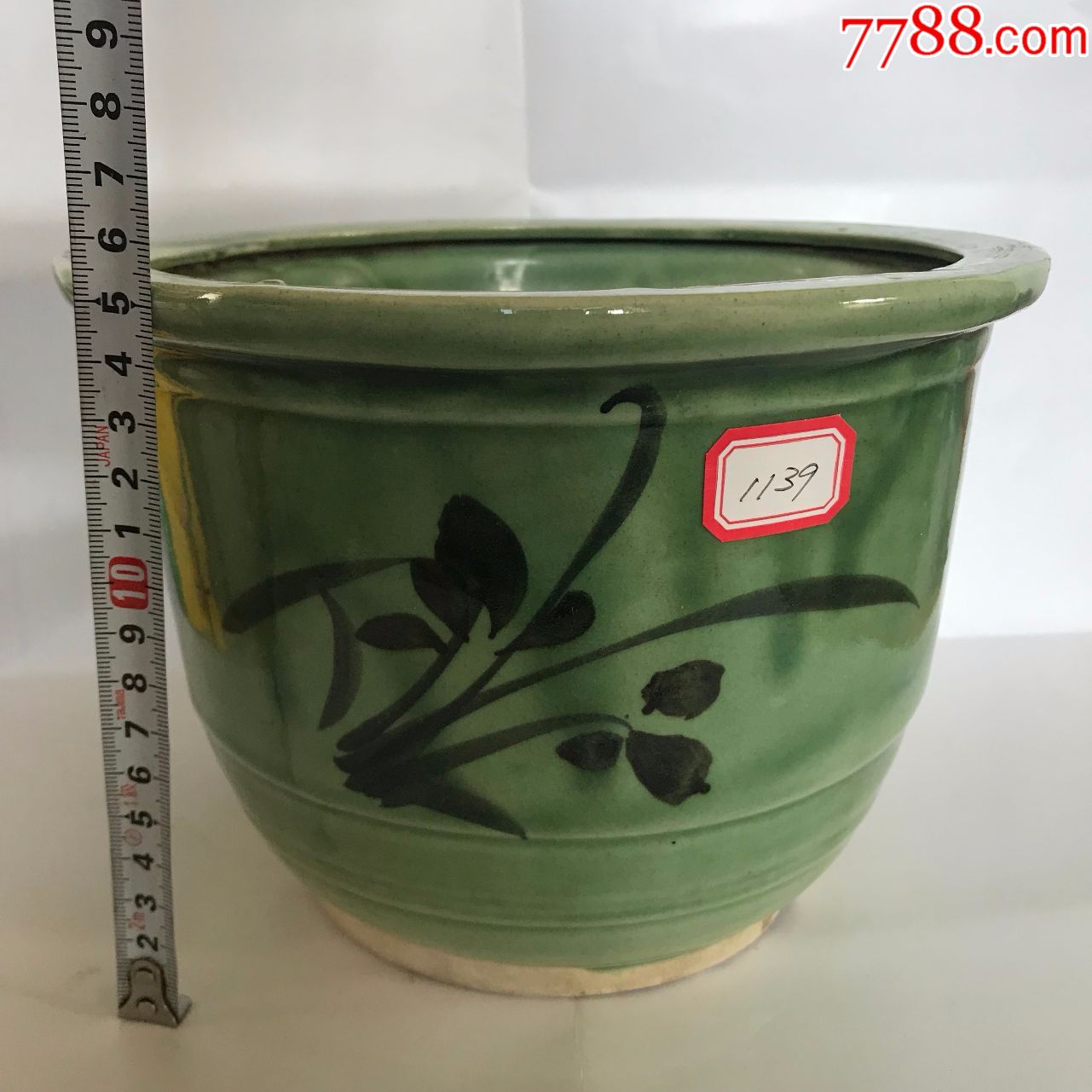老花盆手绘绿釉花盆1139老物件