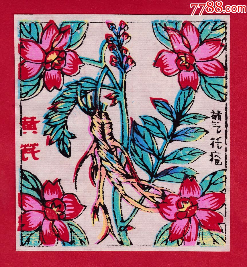 中草药-黄芪·河北武强小型珍品木板实品年画画幅大小10.5cm×11.5cm