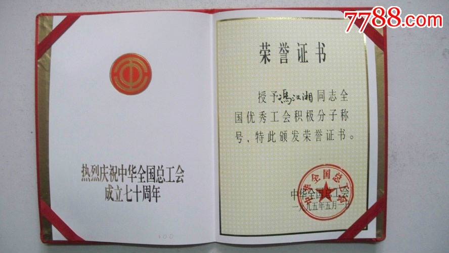 1995年中华全国总工会颁发"全国优秀工会积极分子荣誉