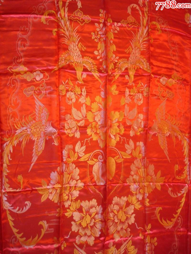 被面80年代真丝软缎凤凰牡丹图案杭州丝绸织锦缎被面老货