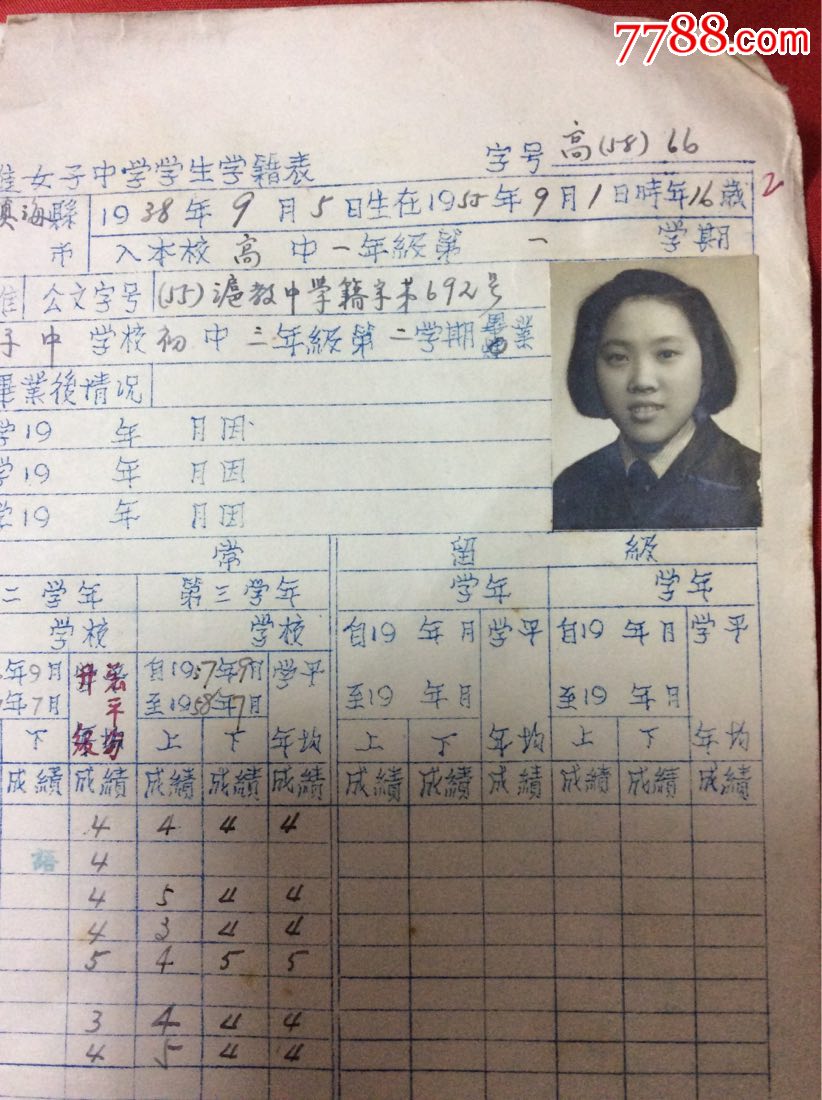 58年(届)上海市培进中学学生学籍表有照倪菊湘