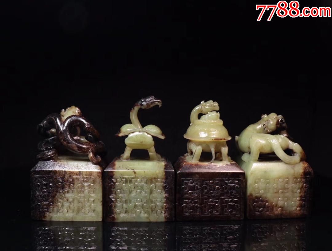 旧藏,高古战汉玉雕四神兽钮玉玺印章