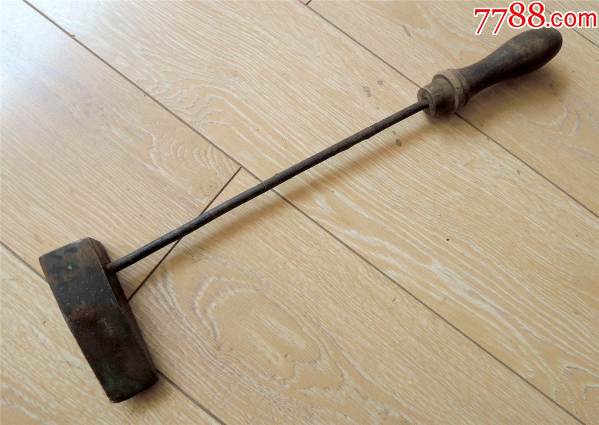 怀旧收藏1902旧社会长杆木柄红铜烙铁刑具钉锤39cm560g