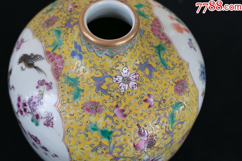 近代景德镇纯手工上彩釉上彩开光花鸟插花瓶小罐满工瓷器收藏古玩