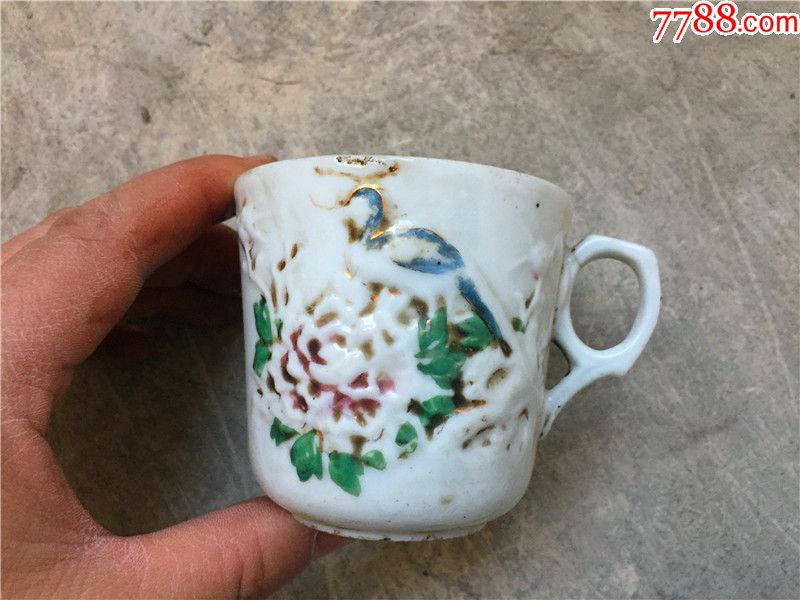 好品相民国老上海西洋风格鼓花牡丹报喜鸟描金杯子茶杯包老茶具_价格