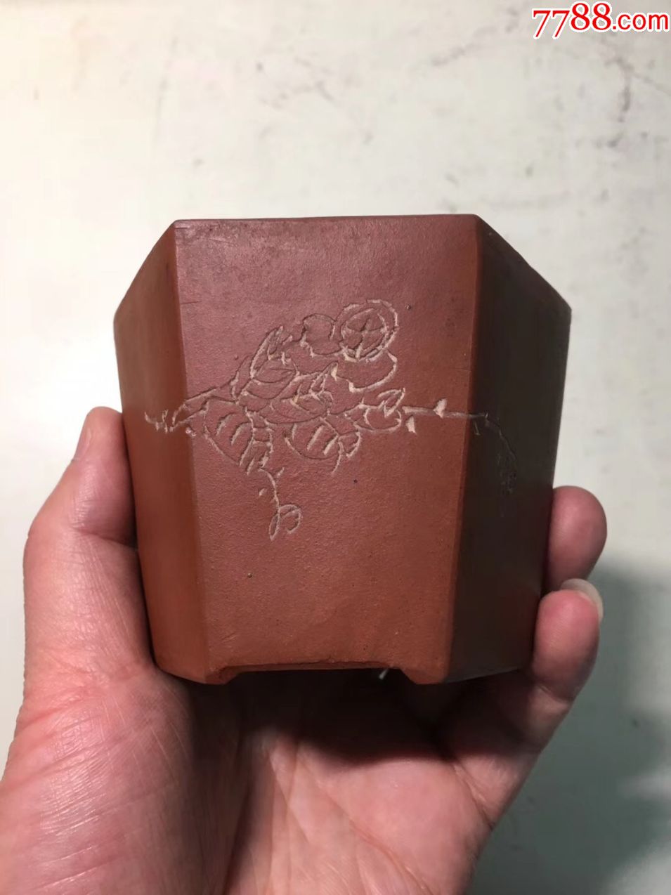文革石如刻六方紫砂小花盆