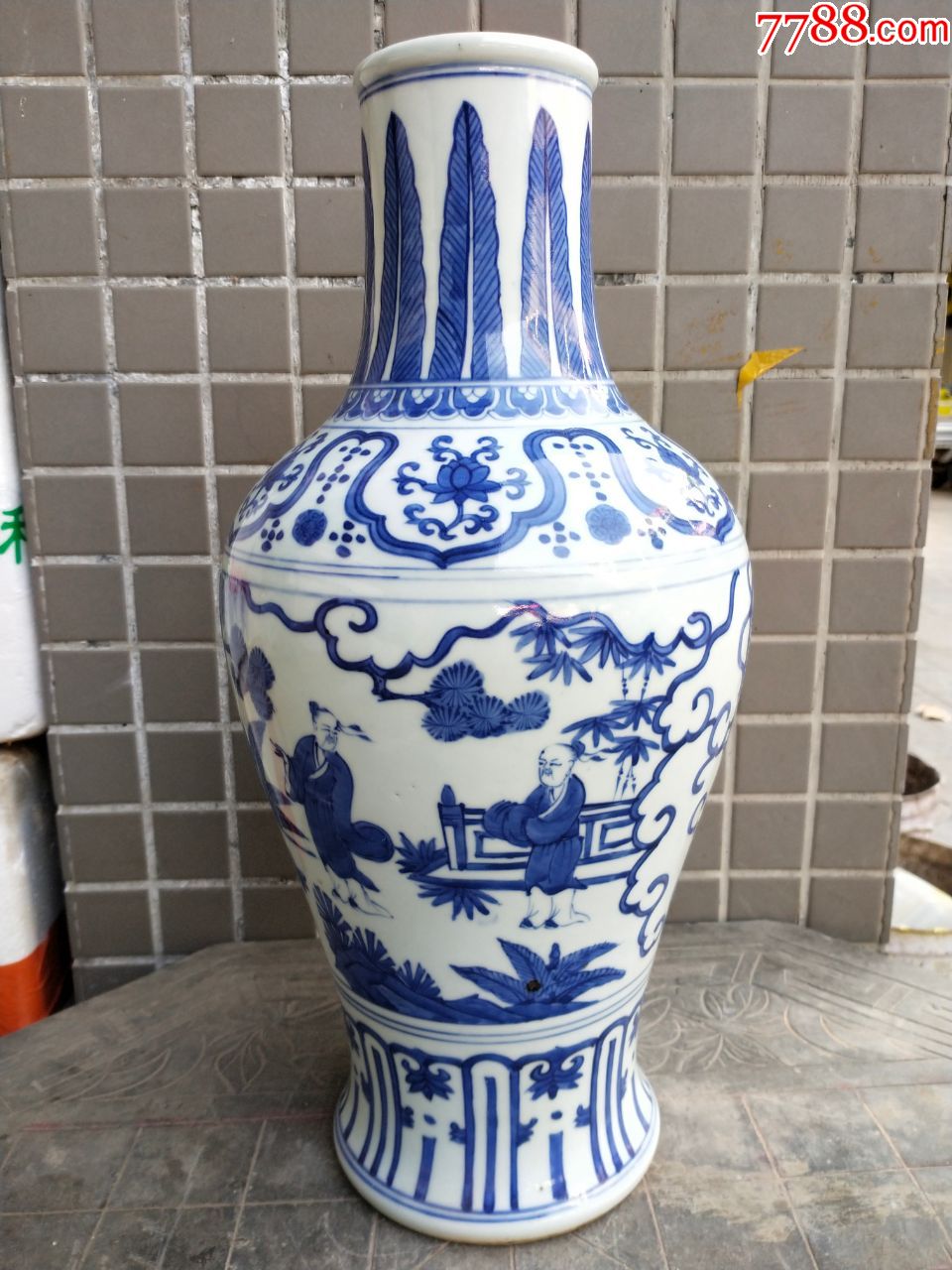 画工非常精致的清代人物画老青花大号花瓶一个