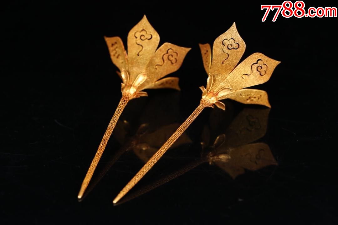 晚清精品,金器,金钗一对