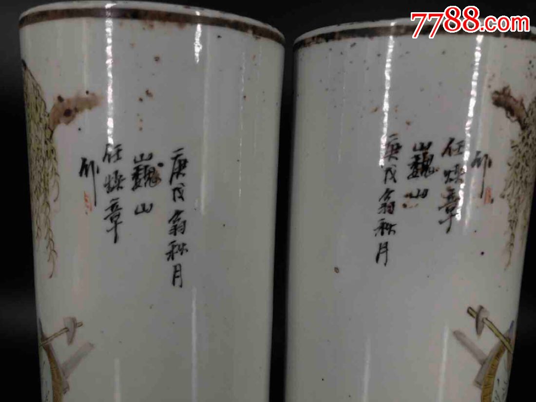 清末浅绛彩名家任焕章作品【浅绛彩人物帽筒一对儿】任焕章:生卒年