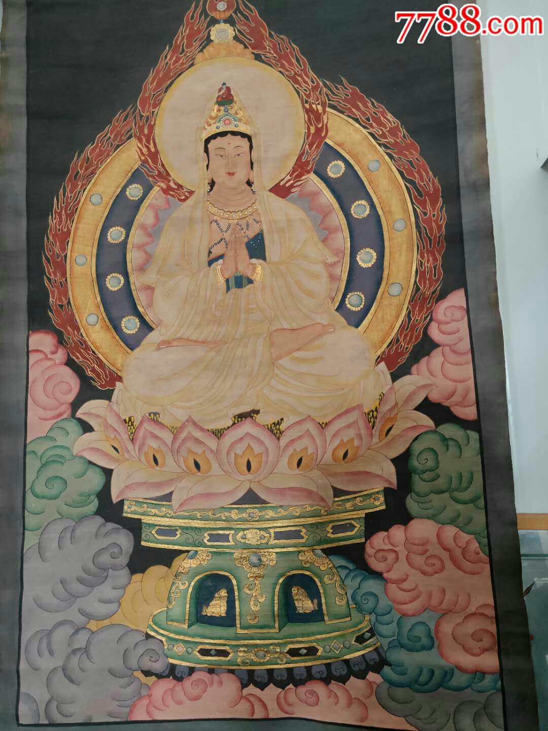 清代精品纯手绘老粗布五彩描金观音菩萨佛像一张画工精湛维妙维肖