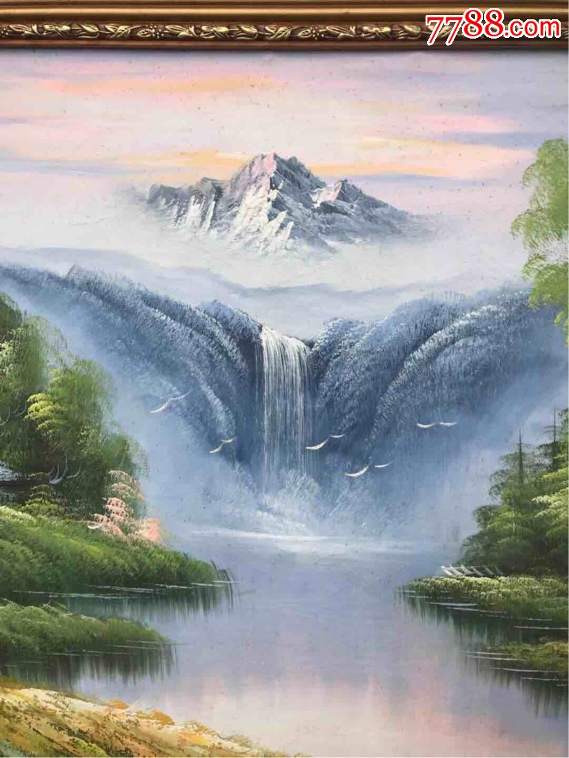 海派山水风景老油画,瀑布,河流,树林,高山,云雾弥漫,色彩清新,淡雅