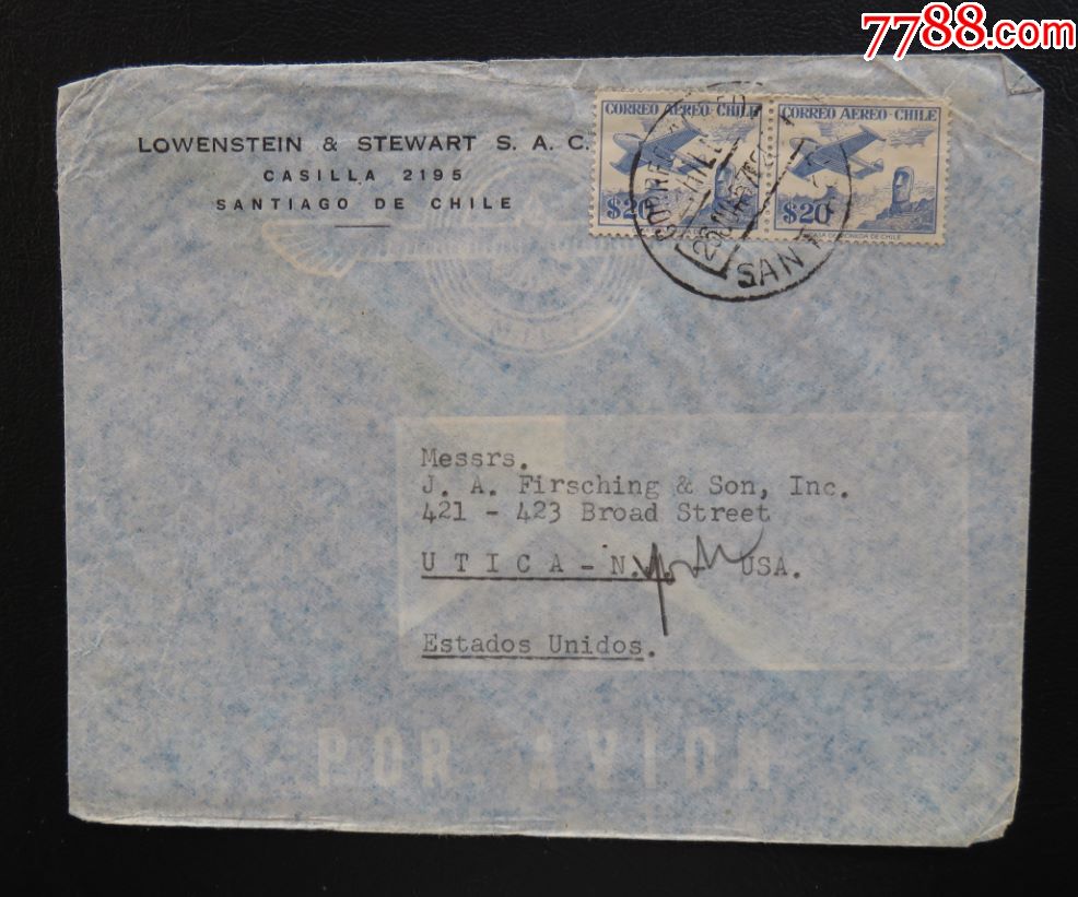 1957年6月23日(智利寄美国尤蒂卡)实寄封贴邮票2枚(4)