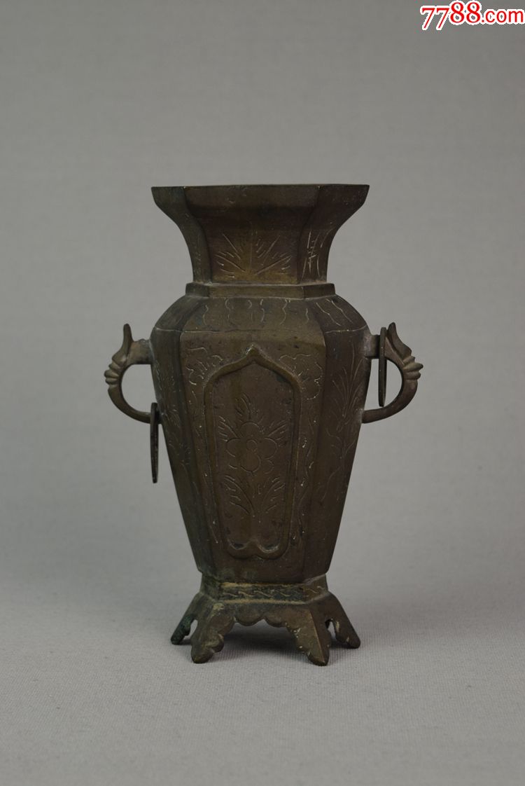 民国古董收藏品铜器手工雕刻花卉黄铜花瓶一对书房文房客厅装饰