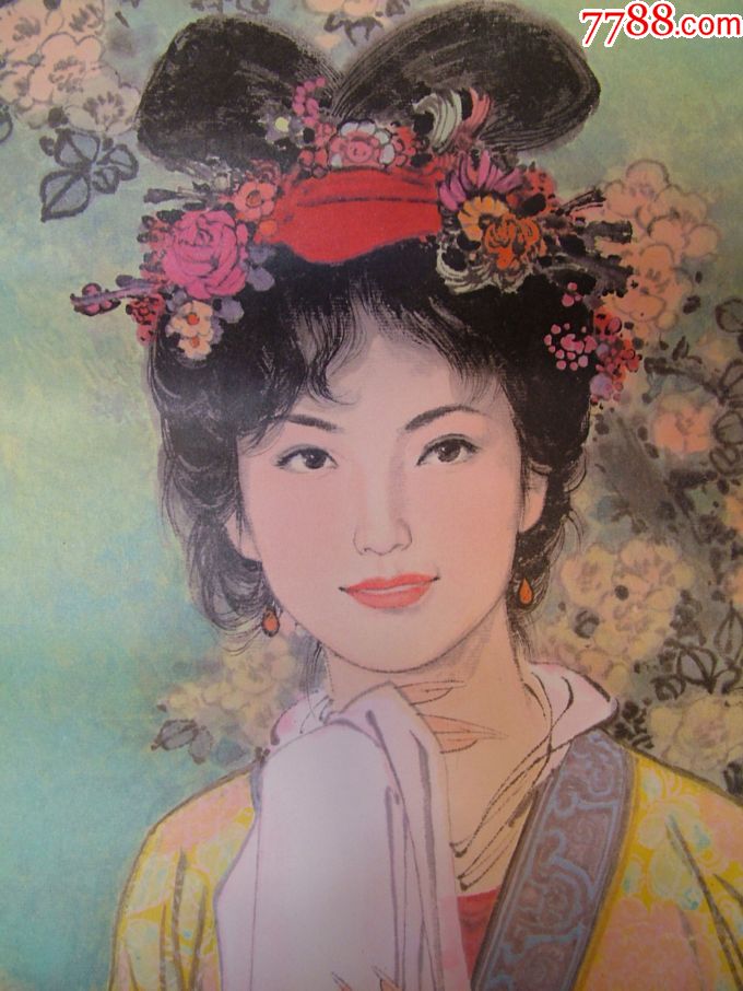 古装仕女图——迎春花,桃花,牡丹花,荷花(四张)华三川