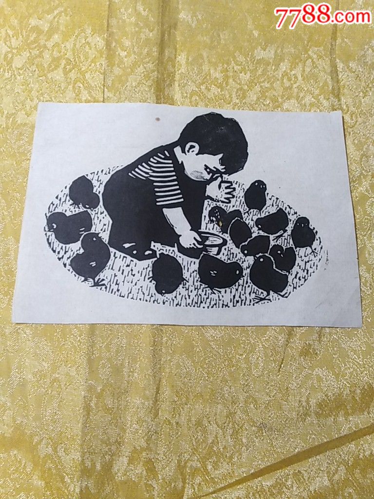 小孩喂鸡版画