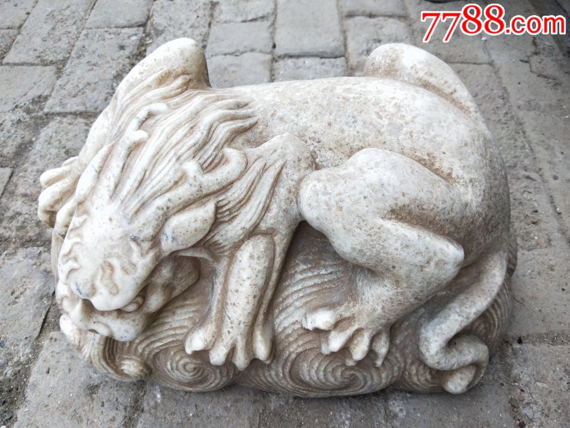 清代老汉白玉狮子一对手工雕刻保真年份足_价格6800.