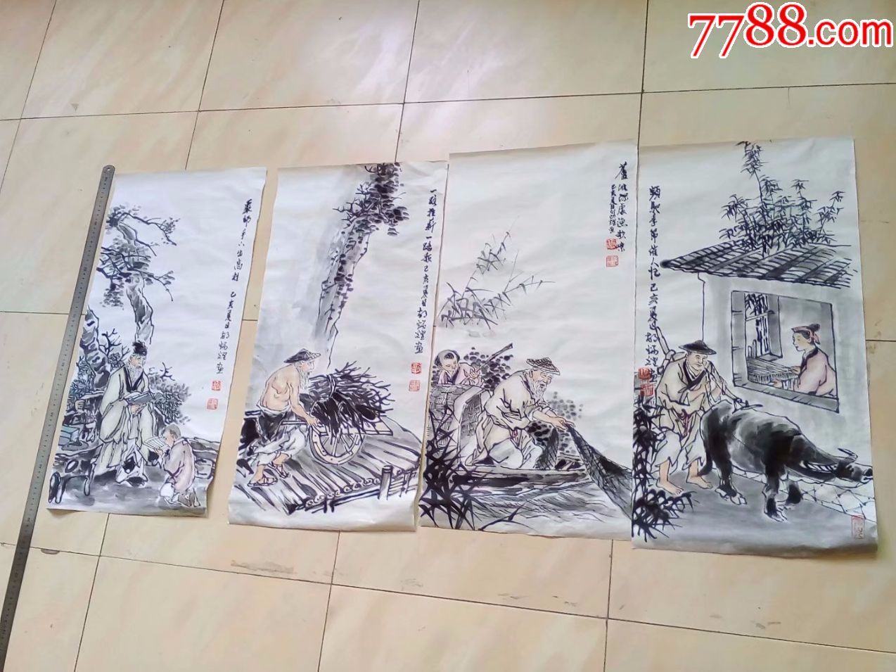 保证纯手工绘画,本地名家,人物画国画,渔樵耕读四条屏