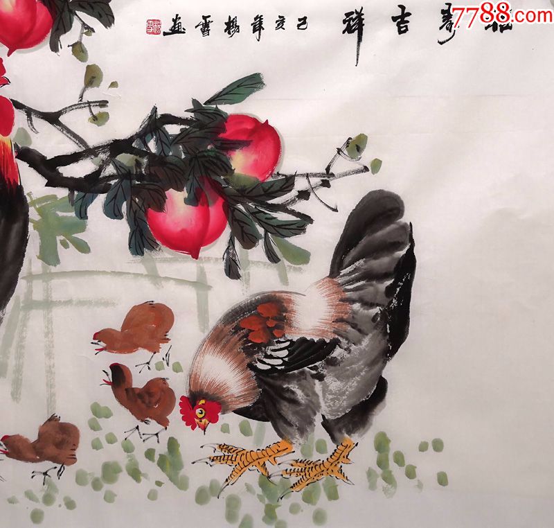 纯手绘真迹公鸡母鸡图国画雄鸡图寿桃画四尺福寿吉祥