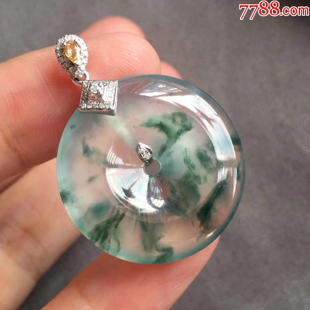 翡翠玻璃底飘蓝花平安扣33-25-4.6mm.18k金配钻石镶嵌