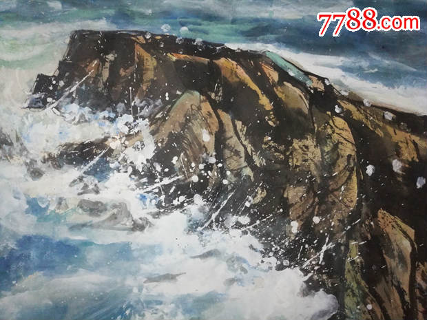 气势磅礴的手绘海岸礁石水彩旧画