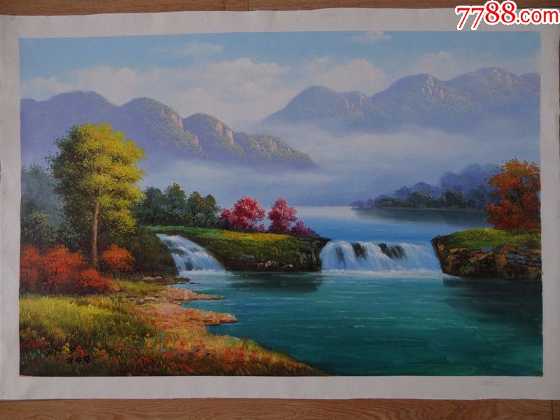 精品朝鲜风景山水老布油画原画作品带名款