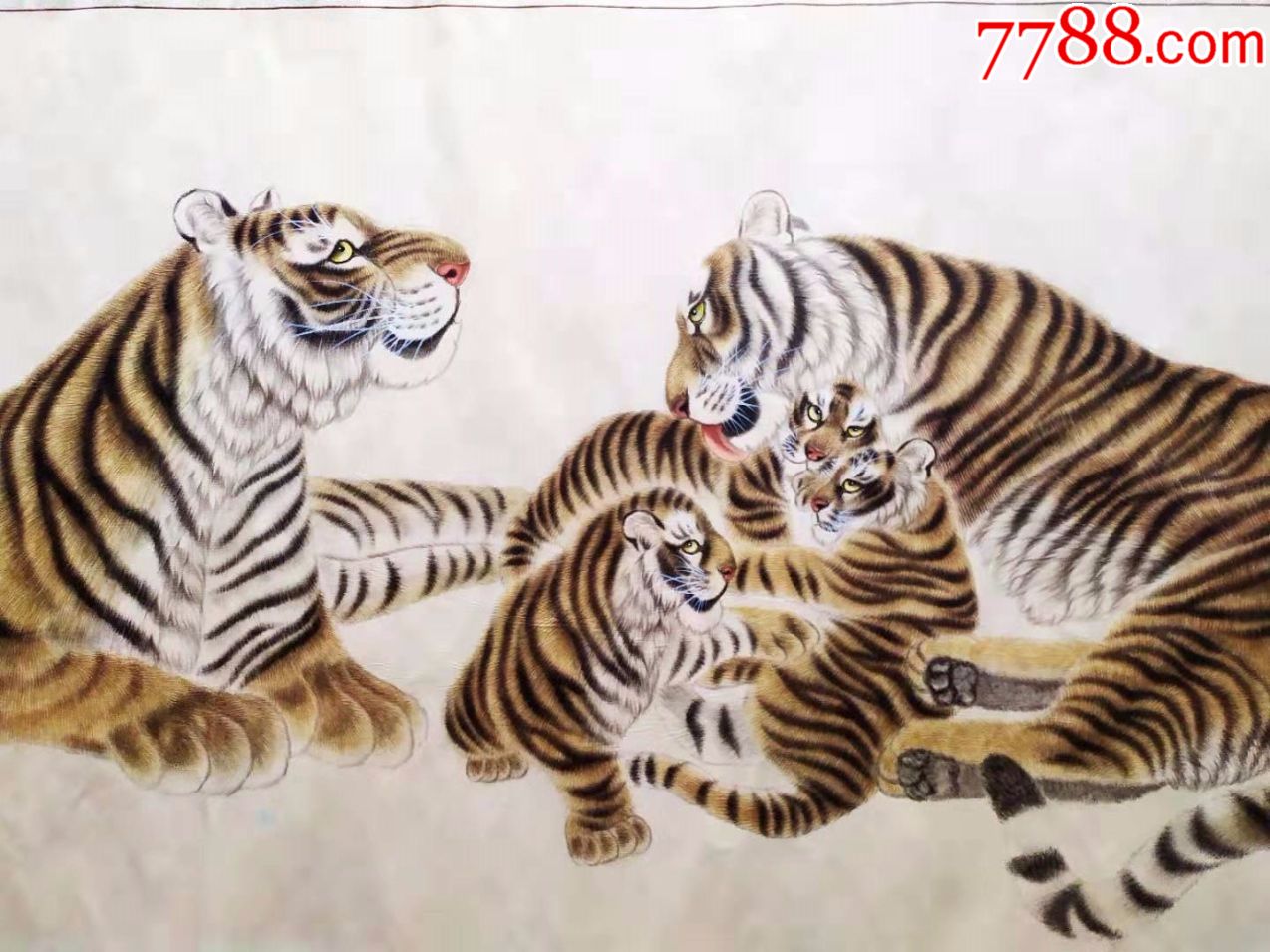 当代画虎名家四大虎王肖彦卿工笔画虎形态逼真《五虎图—五福呈祥》
