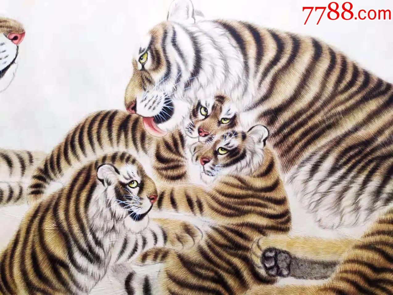肖彦卿工笔画虎形态逼真《五虎图—五福呈祥》大幅全开-花鸟国画