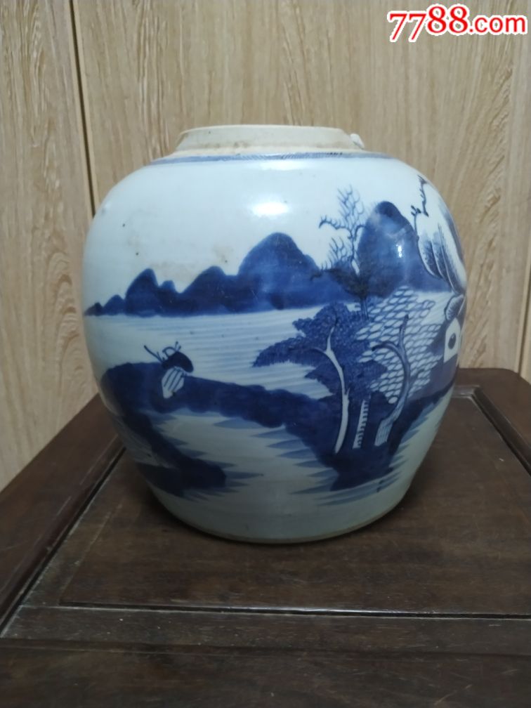 清乾隆青花山水大罐细路底部双圈款口沿惜有一小缺发色画工精美