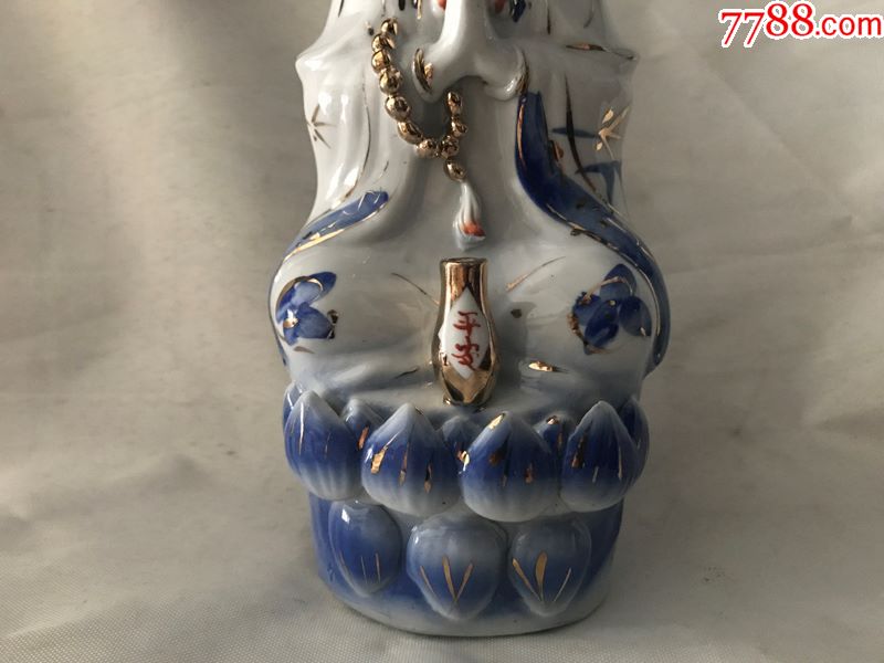 老瓷器观音像七八十年代厂货手绘描金青花观音菩萨像坐莲观音
