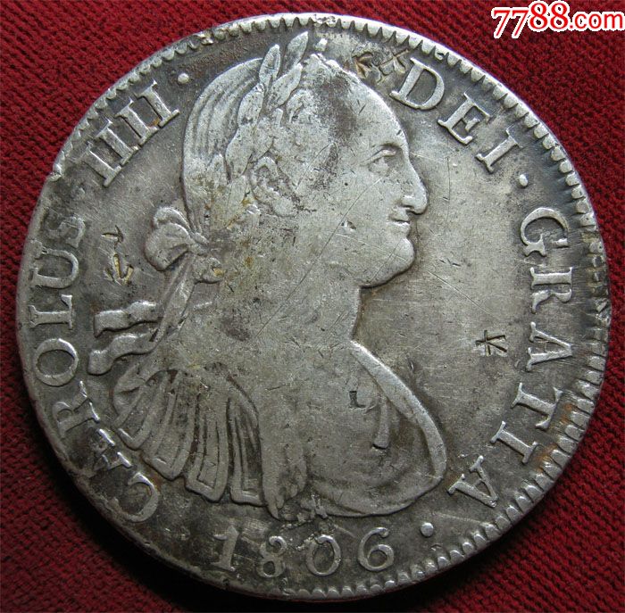 少见西班牙双柱1806年卡洛斯四世8r大银币-稀少卍字戳