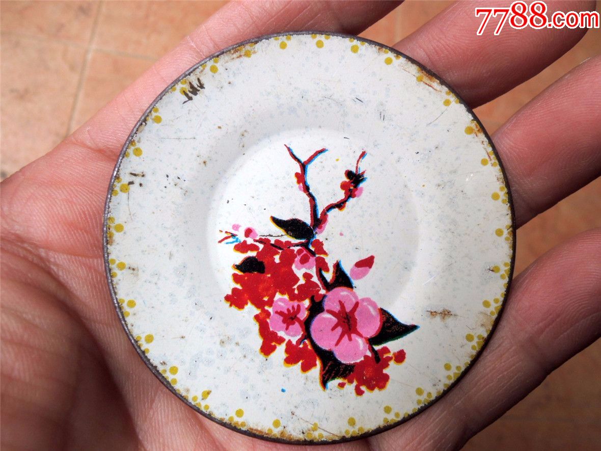 怀旧收藏1909-60-70年代袖珍彩印花开富贵搪瓷小盘子63mm