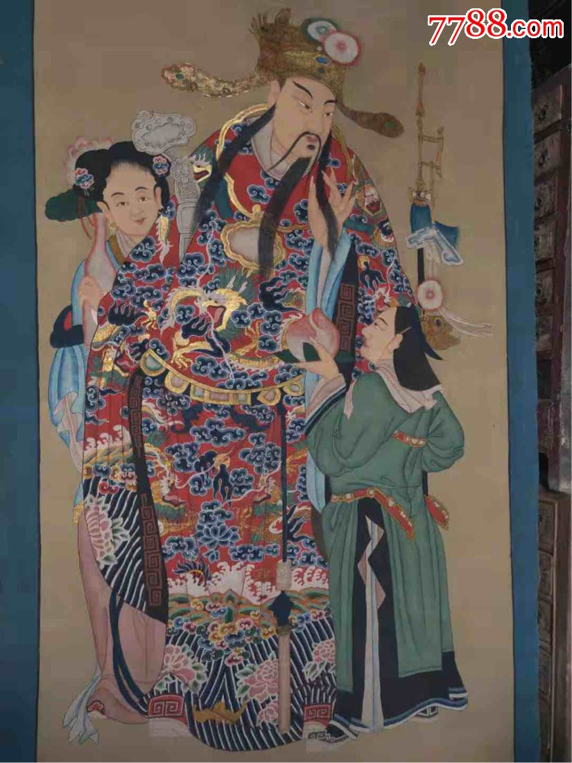 清代精品纯手绘老粗布五彩描金财神爷画像一张画工精湛人物细节描绘