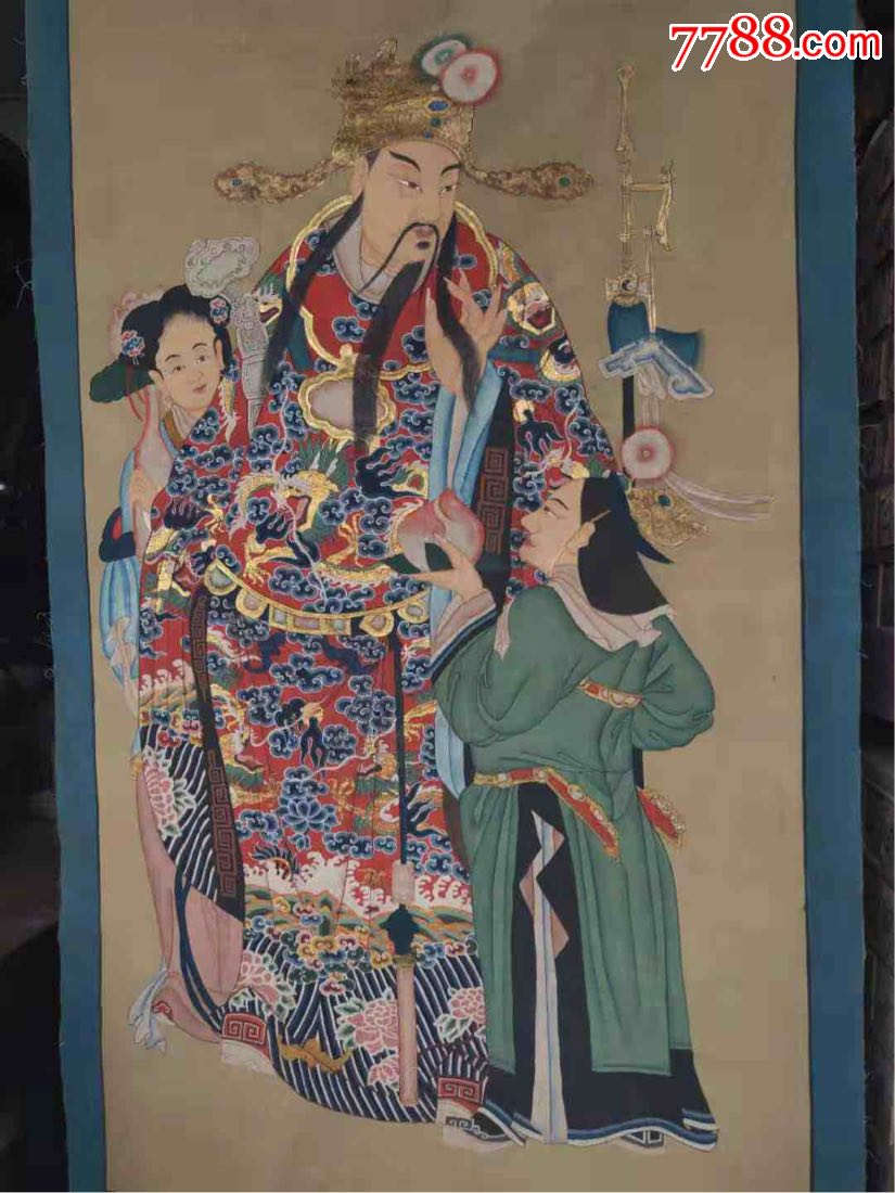 清代精品纯手绘老粗布五彩描金财神爷画像一张画工精湛人物细节描绘