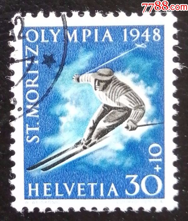 外国邮票:瑞士--第五届冬奥会-高山滑雪{1948}销