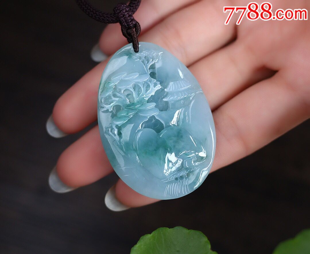 天然a货翡翠冰润飘花山水牌吊坠_价格2188.