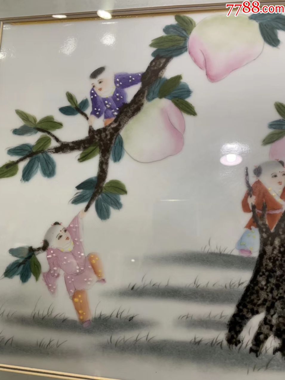 近代名家邵天宝五子攀桃瓷板画