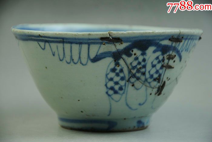 明代青花瓷葡萄碗锔瓷景德镇老瓷器古董古玩老物件包老包真收藏品