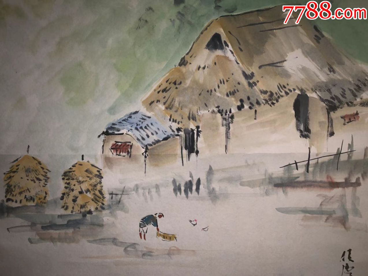 日本回流老画手绘绢本名家草屋挂轴立轴卷轴字画书画真品