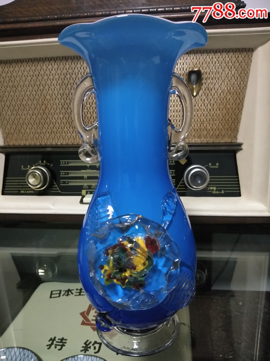 民国时期四五十年代蓝色老琉璃玻璃花瓶全品一只