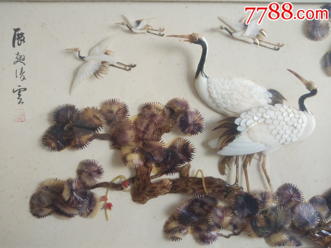 文革时期七八十年代大幅贝雕画松鹤延年展翅凌云贝雕画老贝壳挂画